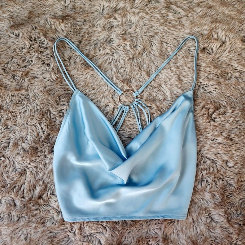 Rehab Lab Open Strappy Back Draped Crop‎ Top Silky Satin Baby Blue Women's Large